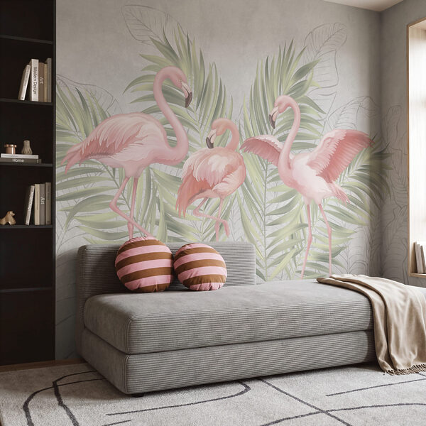 Group of pink flamingos with green leaves