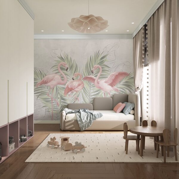 Group of pink flamingos with green leaves