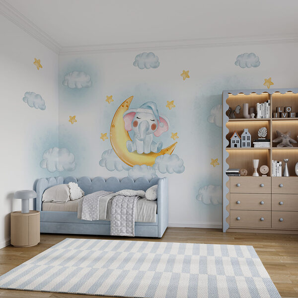 Wall mural Cartoon elephant sitting on the moon (SKU: w00951) Wall mural Wall mural Cartoon elephant sitting on the moon (SKU: w00951)