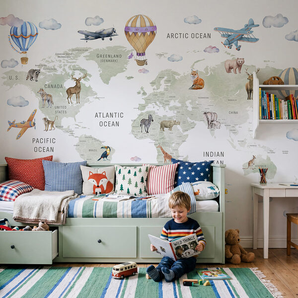 Wall mural Map of the world with animals and birds (SKU: w04636) Wall mural Wall mural Map of the world with animals and birds (SKU: w04636)