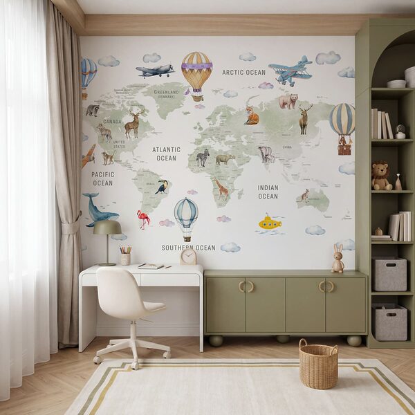 Map of the world with animals and birds Map of the world with animals and birds