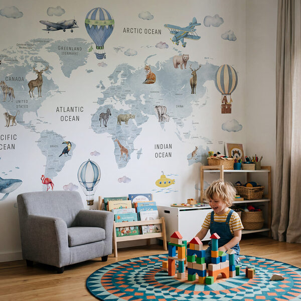 Map of the world with animals and birds Map of the world with animals and birds