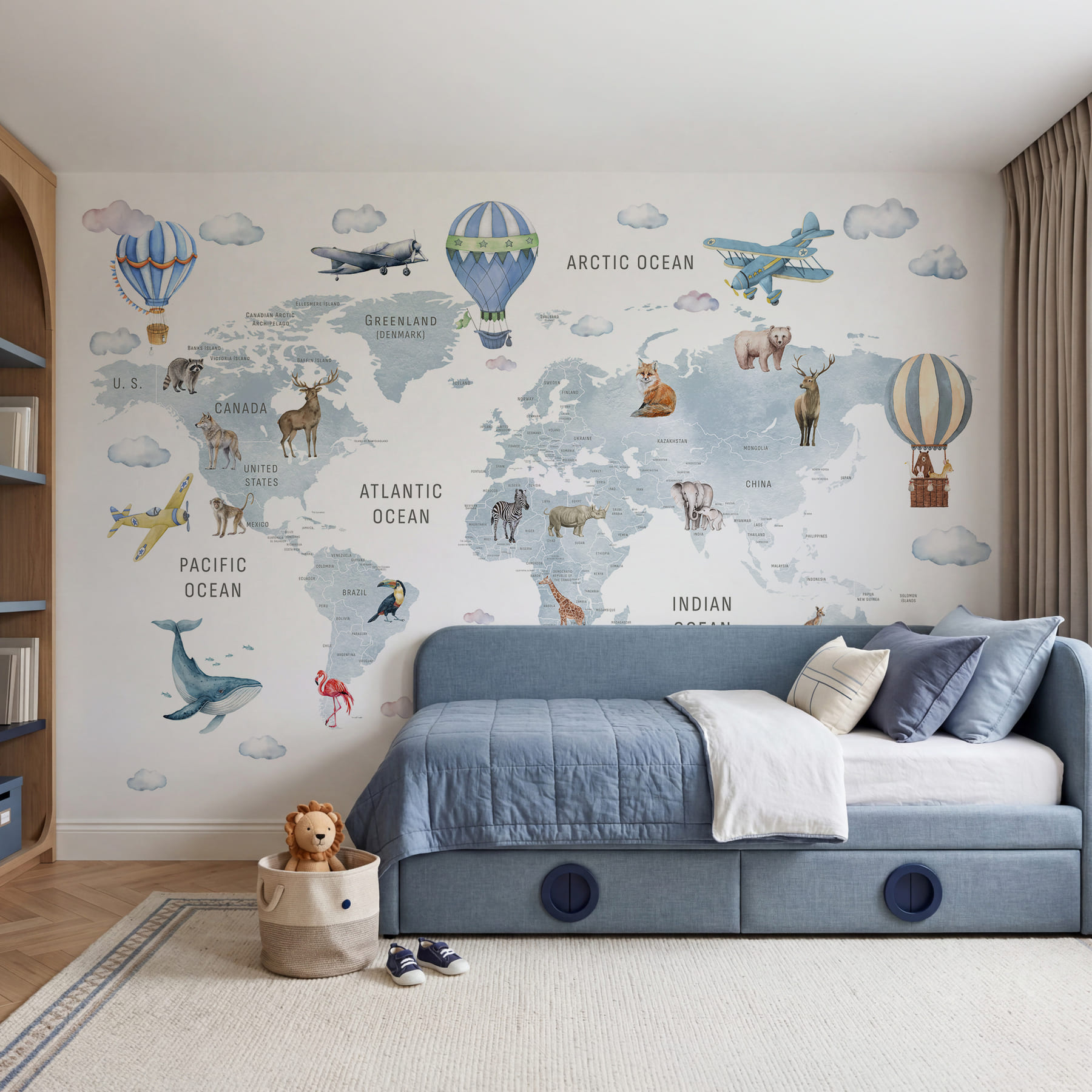 Map of the world with animals and birds Map of the world with animals and birds