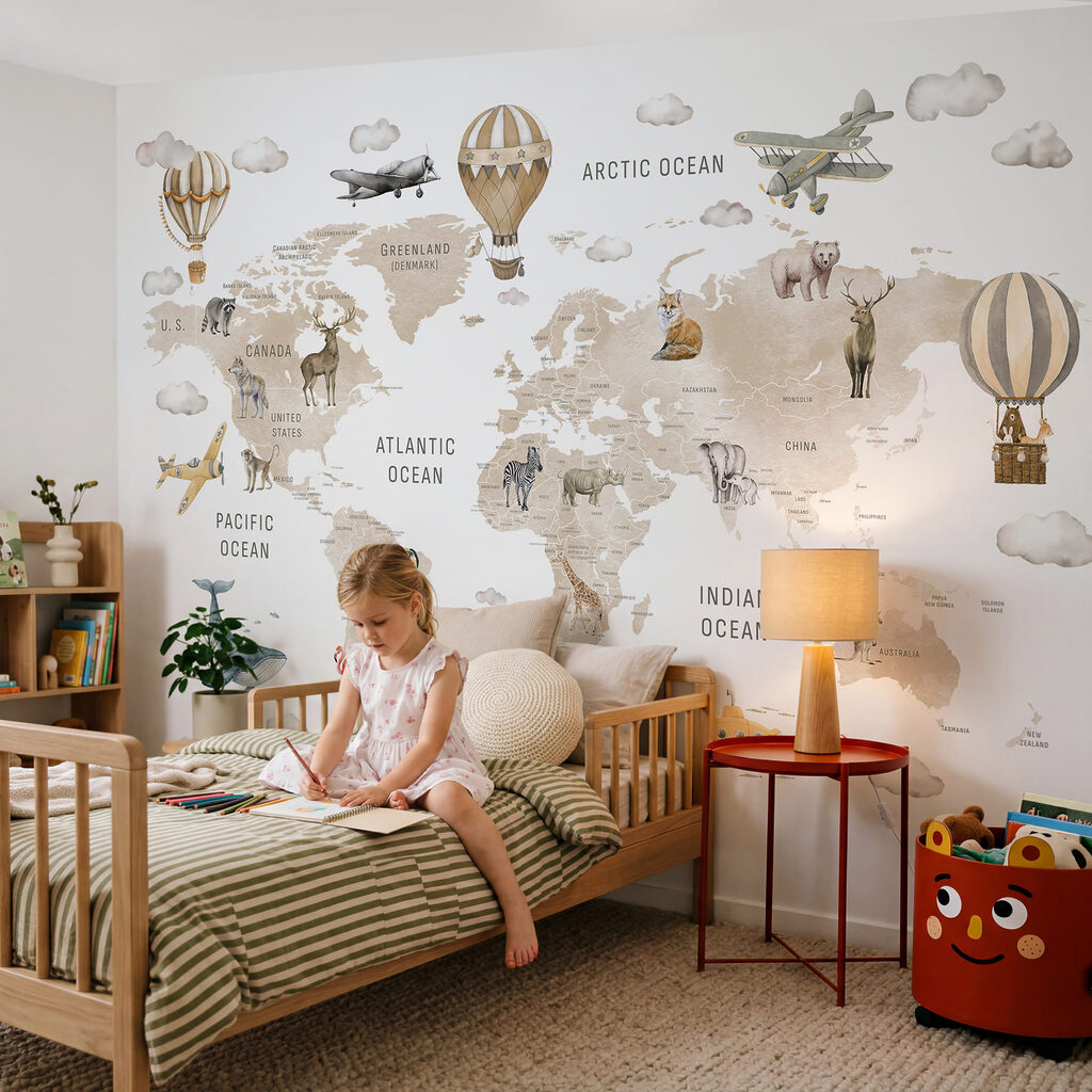Map of the world with animals and air balloons