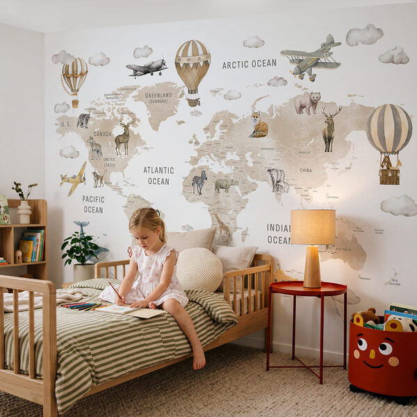 Map of the world with animals and air balloons