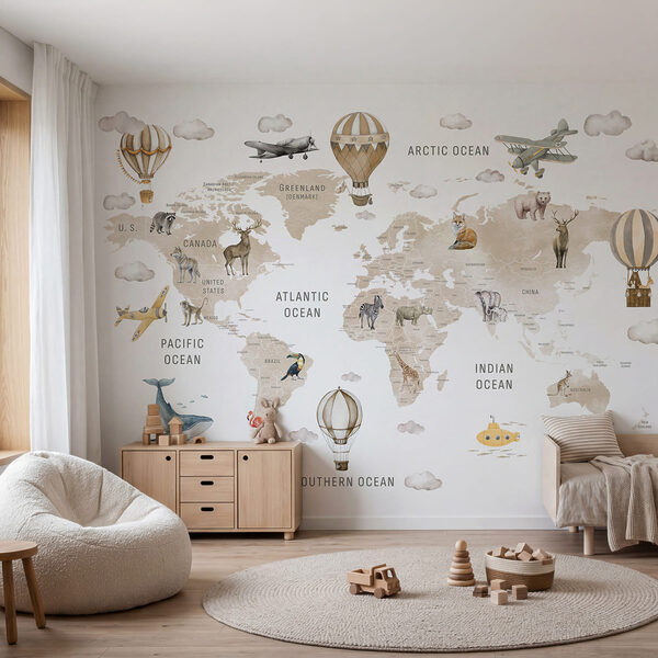 Wall mural Map of the world with animals and air balloons (SKU: w04636v2) Wall mural Wall mural Map of the world with animals and air balloons (SKU: w04636v2)