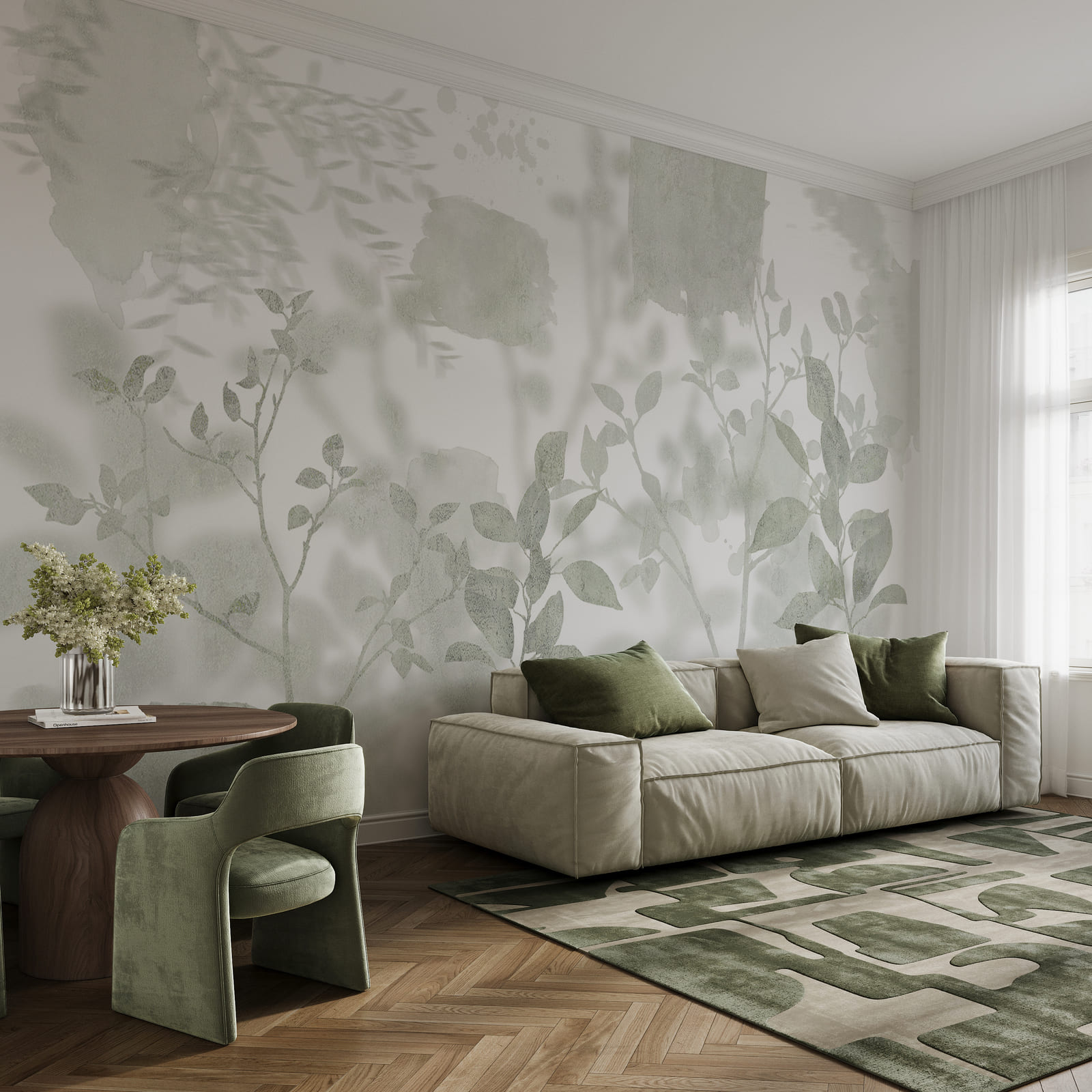 White and gray background with leaves and brush strokes