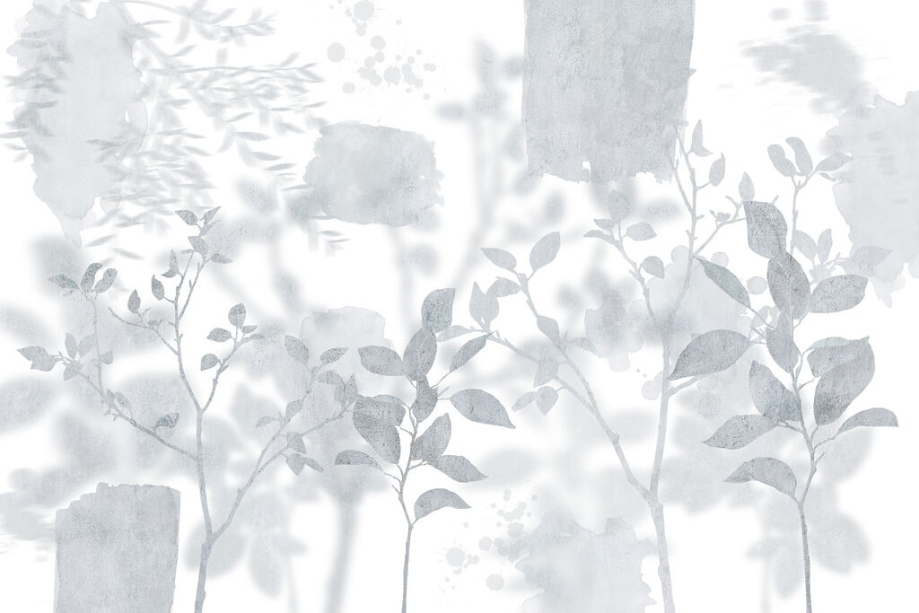 White and gray background with leaves and brush strokes