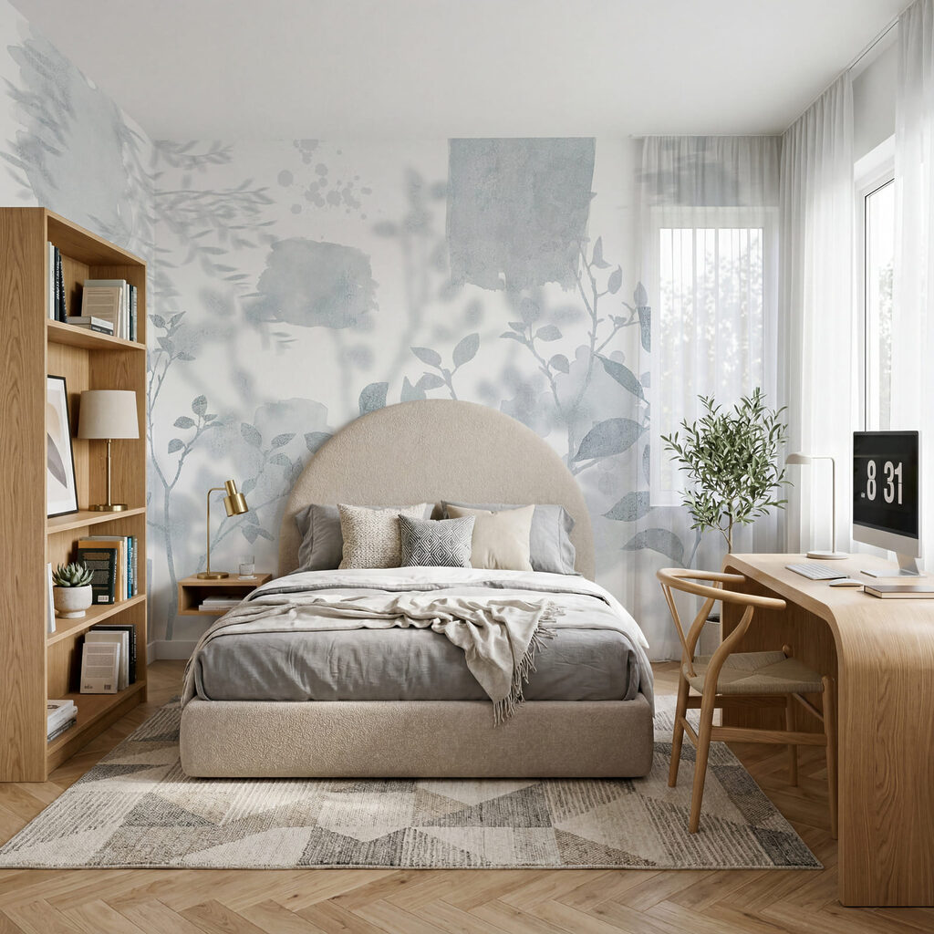 White and gray background with leaves and brush strokes
