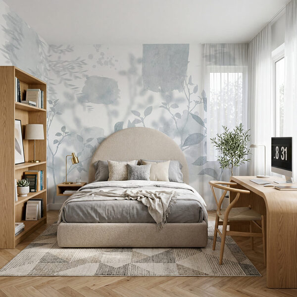 White and gray background with leaves and brush strokes
