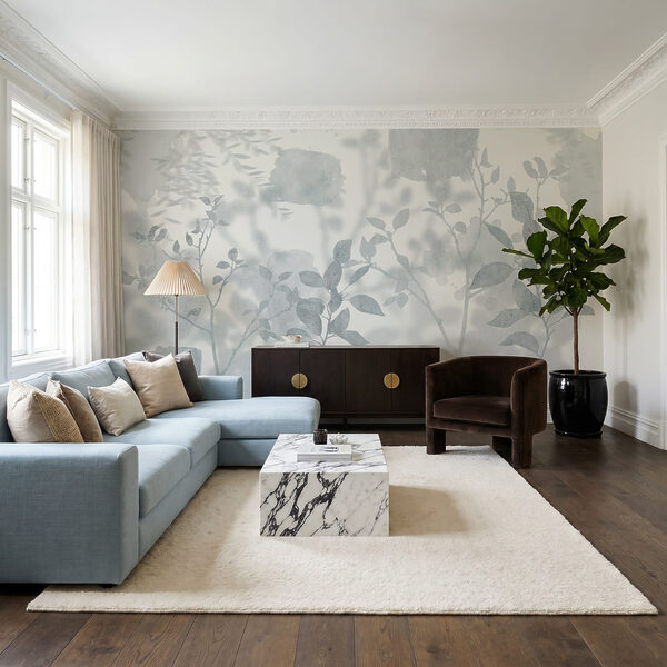 White and gray background with leaves and brush strokes