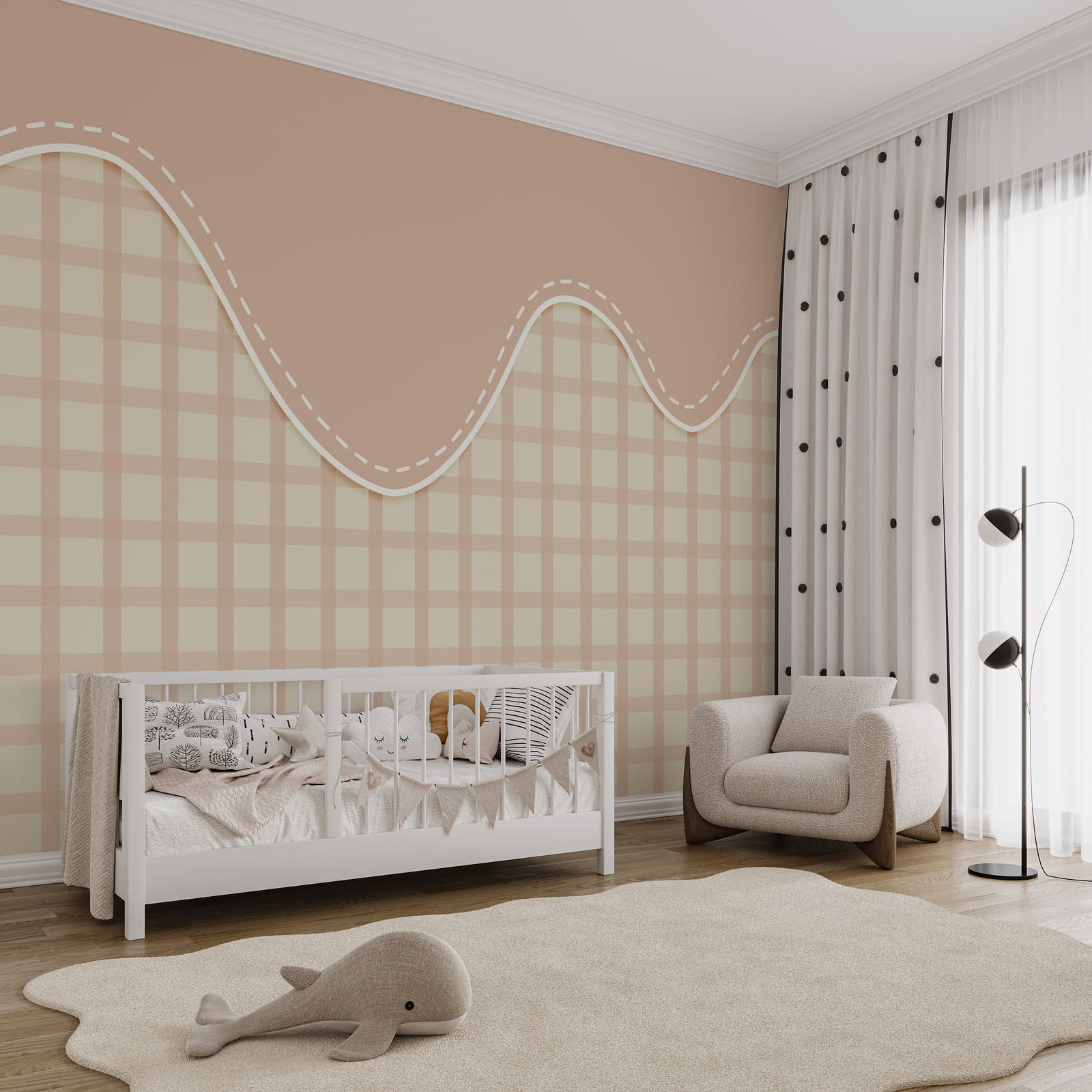 Pink and white grid with a white line