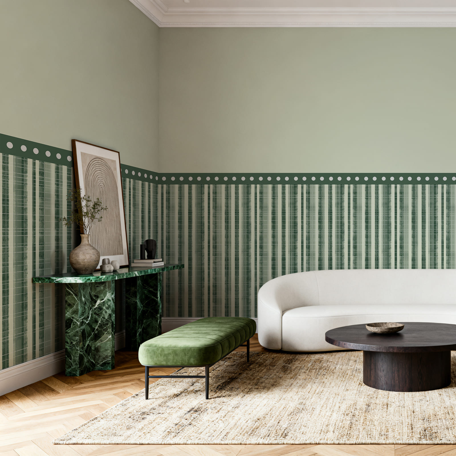 Green and white striped wallpaper