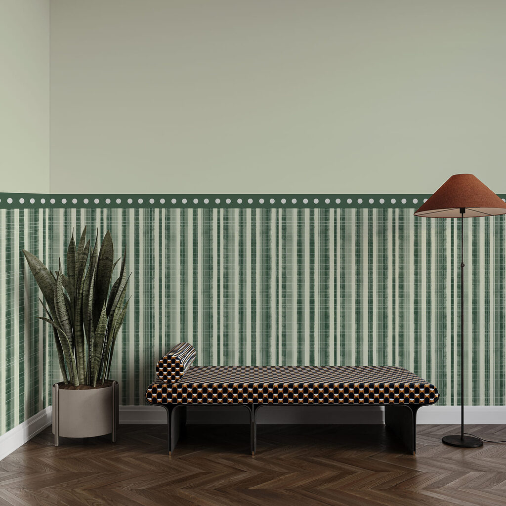 Green and white striped wallpaper