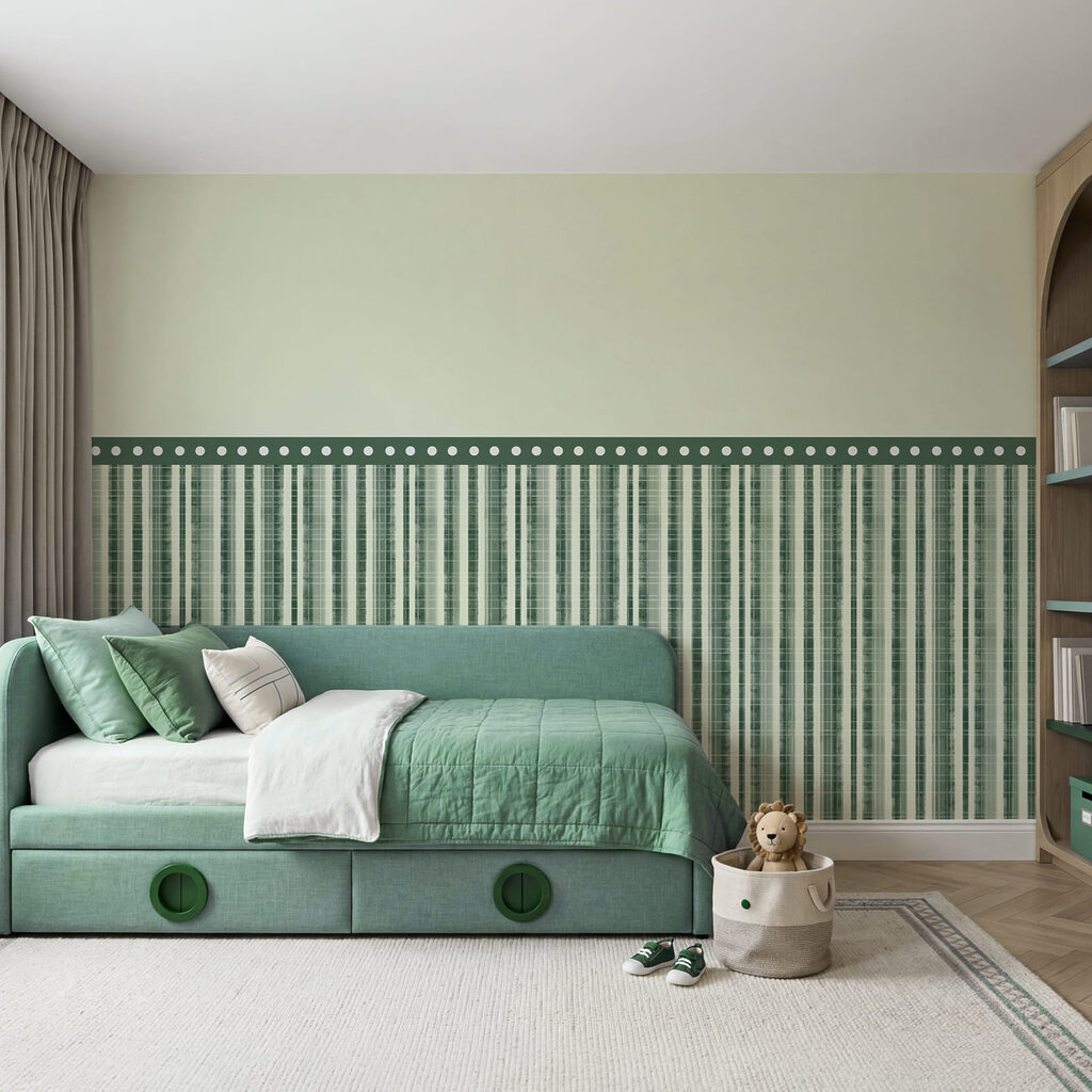 Green and white striped wallpaper