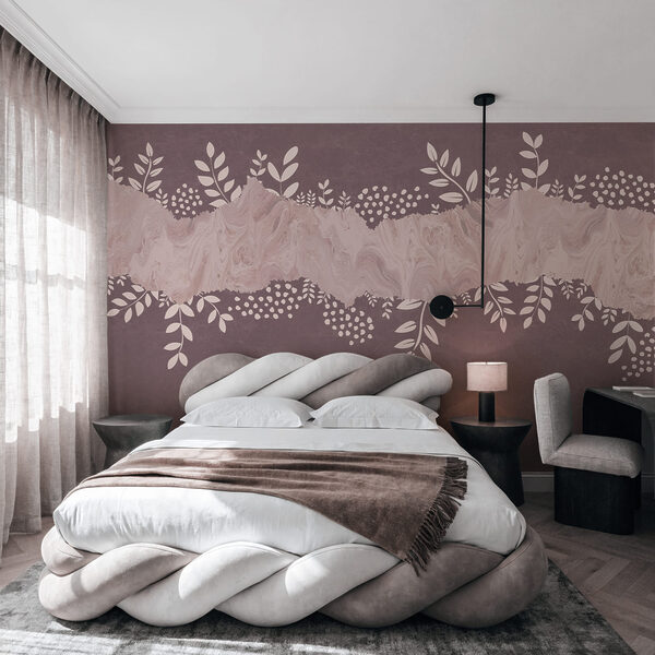Purple and white background with leaves and flowers