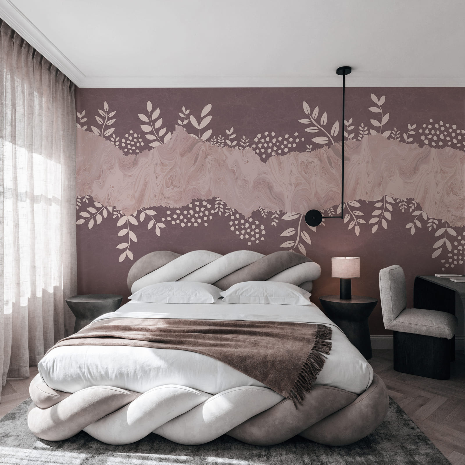 Purple and white background with leaves and flowers