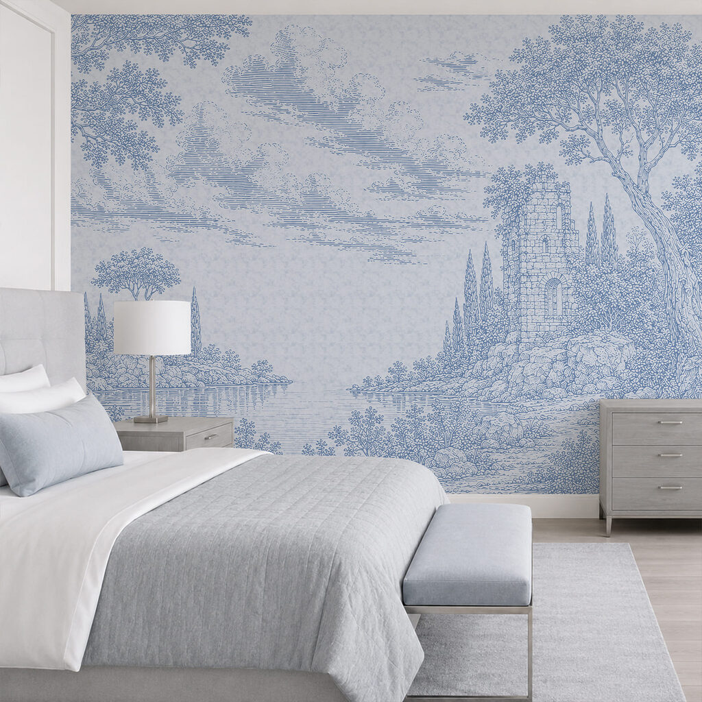Blue and white drawing of a lake and trees