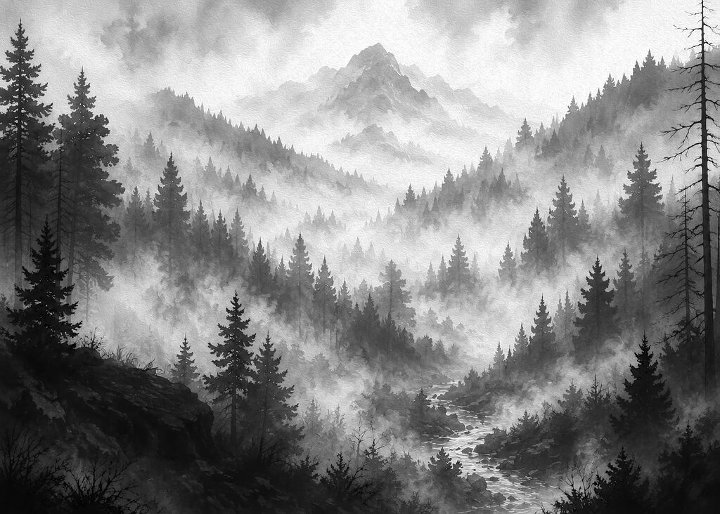 Mountain landscape with fog and trees Mountain landscape with fog and trees