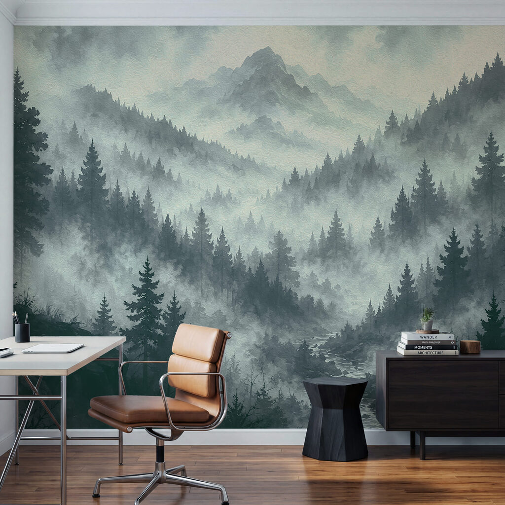 Foggy mountain landscape with trees and a river Foggy mountain landscape with trees and a river