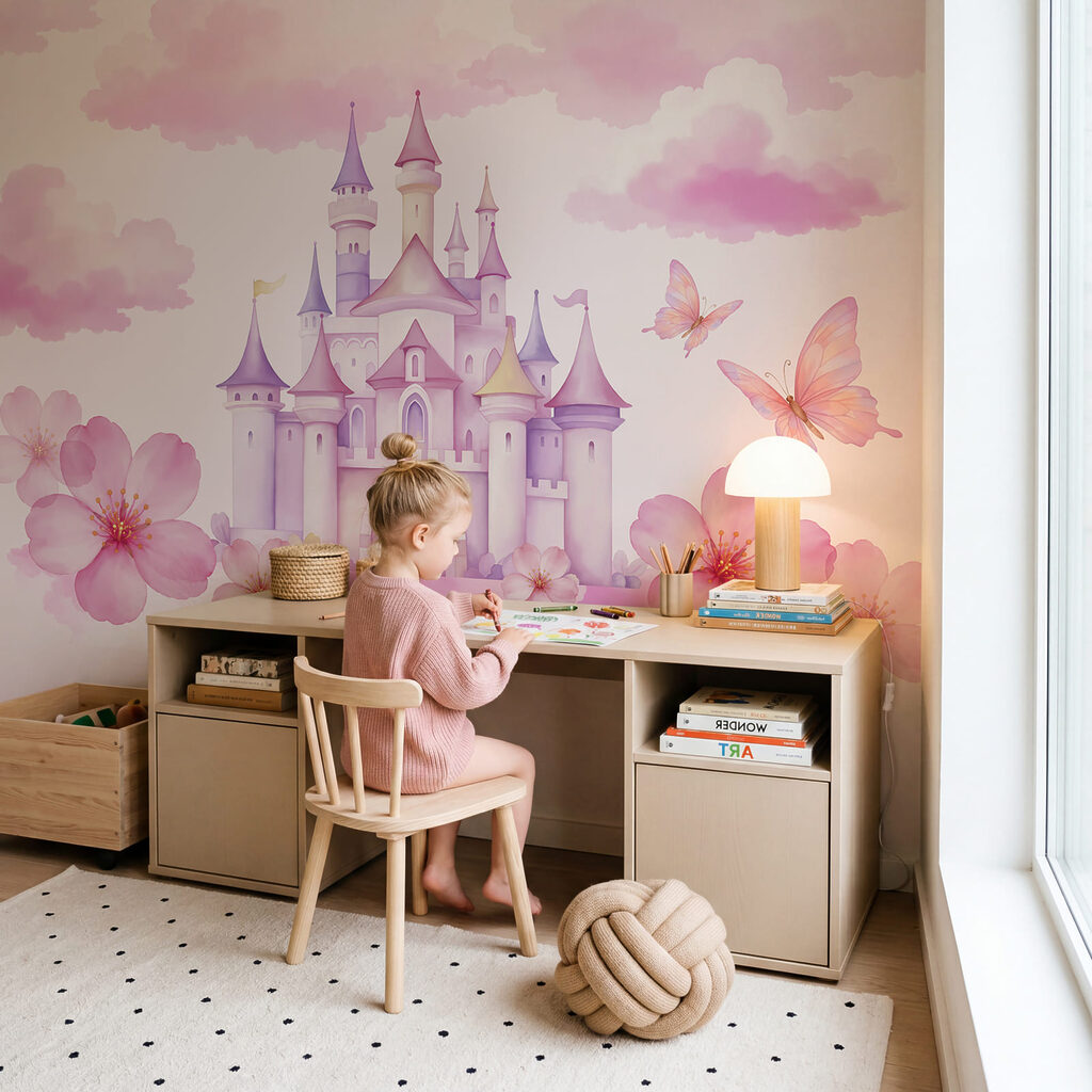 Pink castle with butterflies and pink clouds Pink castle with butterflies and pink clouds