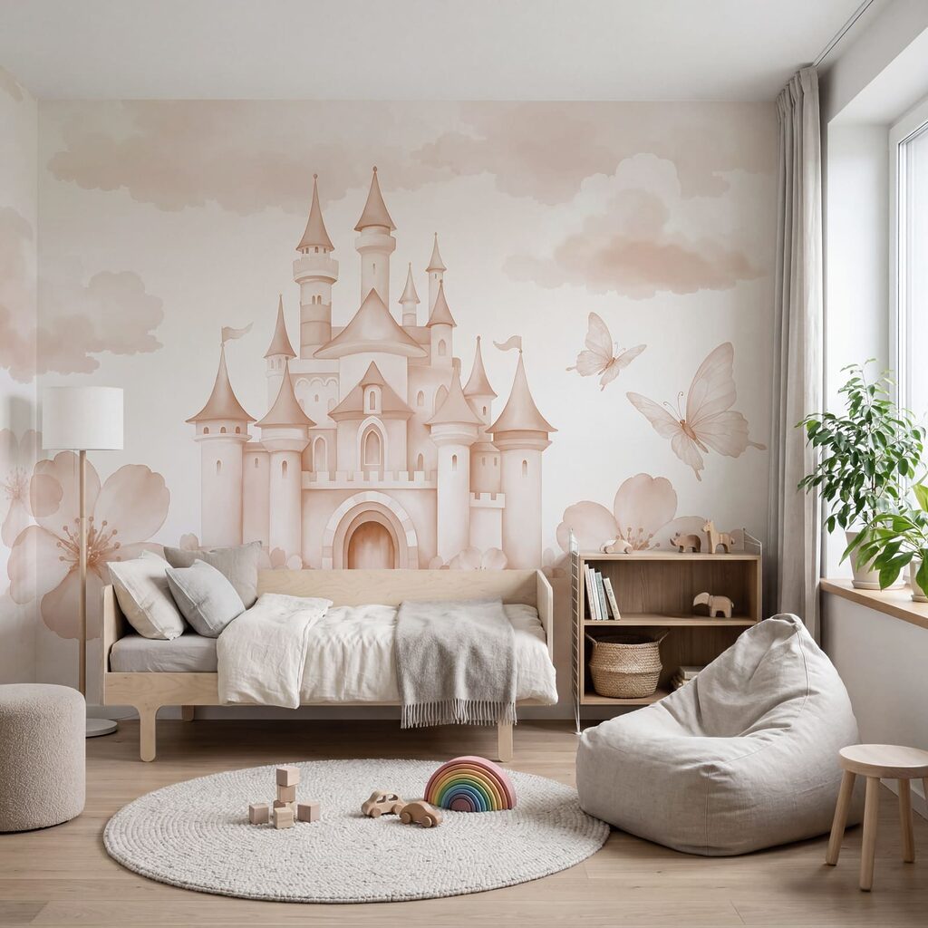Pink castle with butterflies and flowers Pink castle with butterflies and flowers