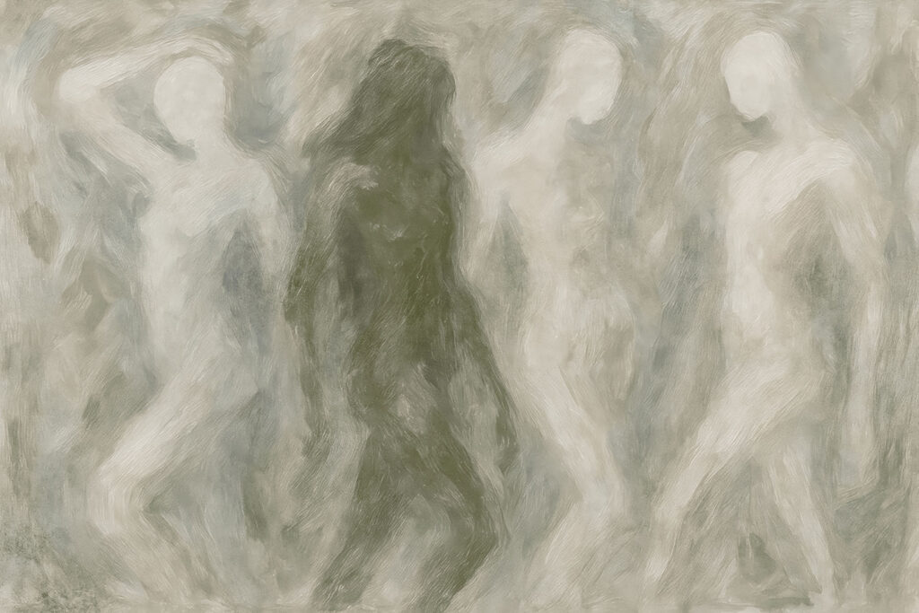 Group of people in a grey and white room