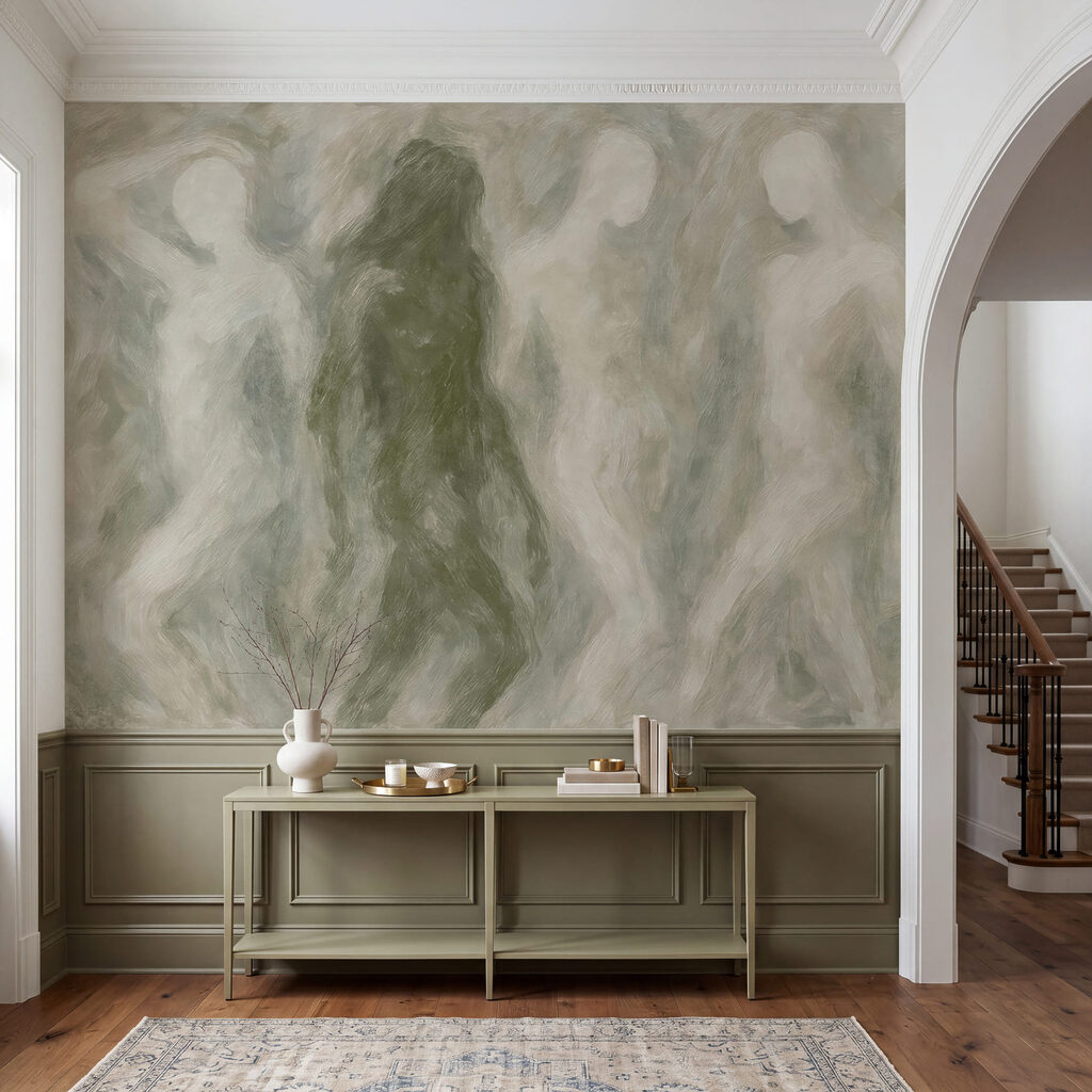 Group of people in a grey and white room