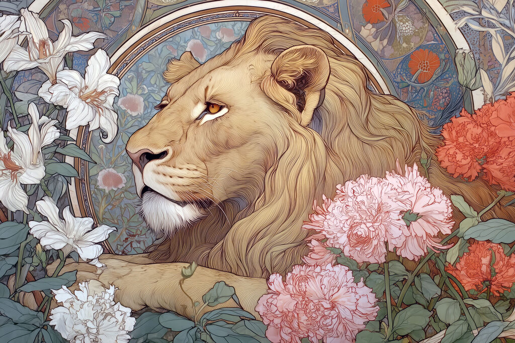 Lion with flowers around it Lion with flowers around it