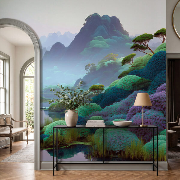Wall mural River with colorful bushes and mountains (SKU: w09088) Wall mural Wall mural River with colorful bushes and mountains (SKU: w09088)