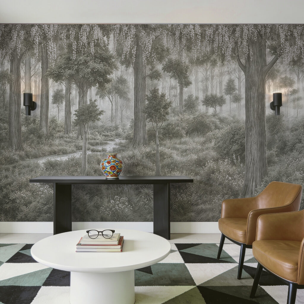 Painting of a forest with trees and plants Painting of a forest with trees and plants