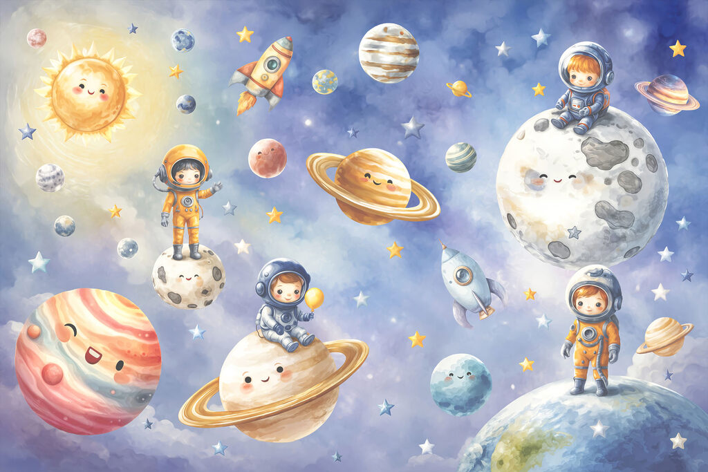 Group of cartoon astronauts and planets Group of cartoon astronauts and planets