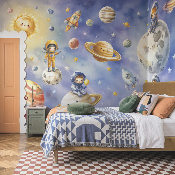 Group of cartoon astronauts and planets Group of cartoon astronauts and planets