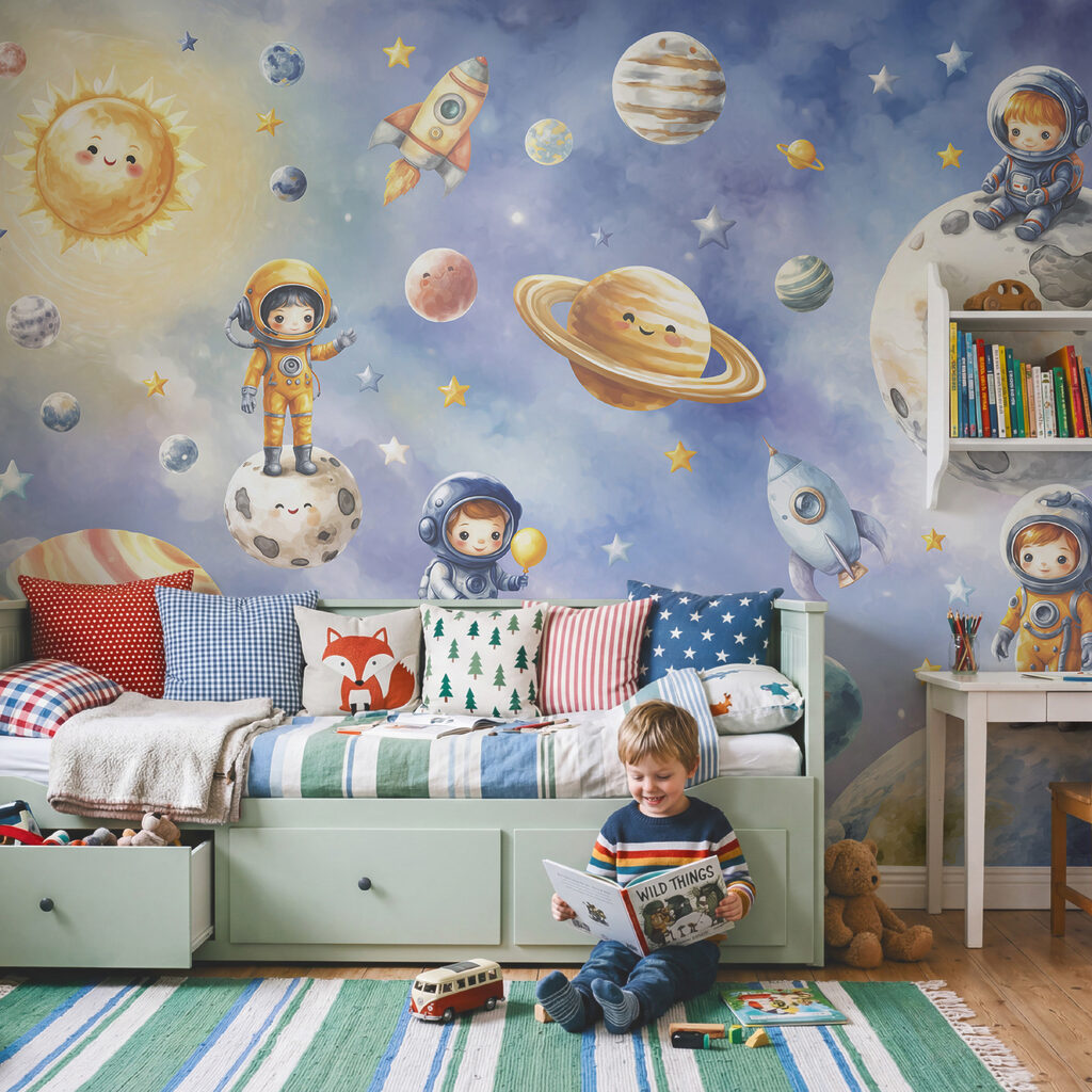 Group of cartoon astronauts and planets Group of cartoon astronauts and planets