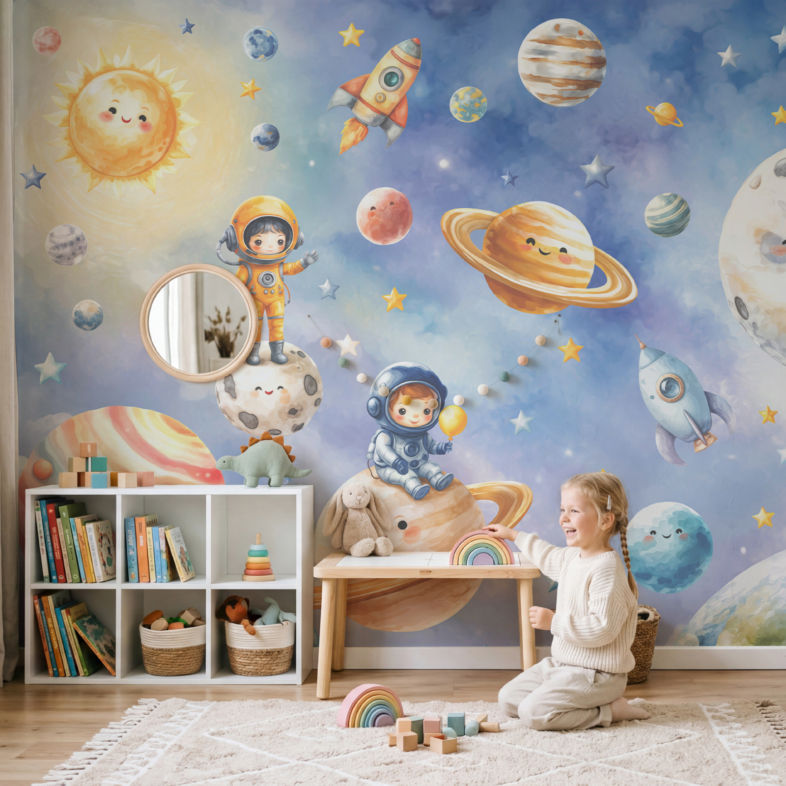 Group of cartoon astronauts and planets Group of cartoon astronauts and planets