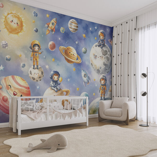Group of cartoon astronauts and planets Group of cartoon astronauts and planets
