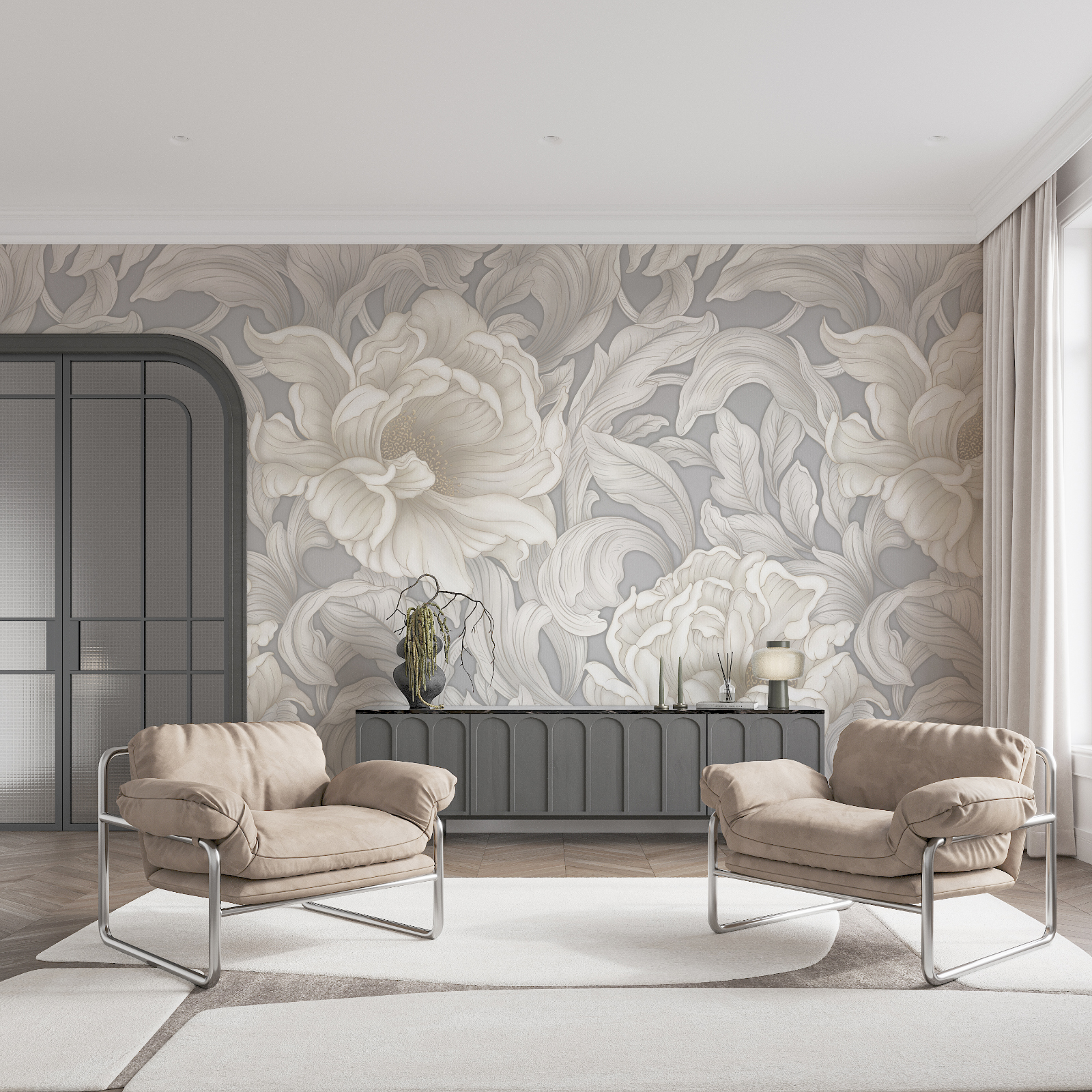 Wallpaper with flowers and leaves Wallpaper with flowers and leaves
