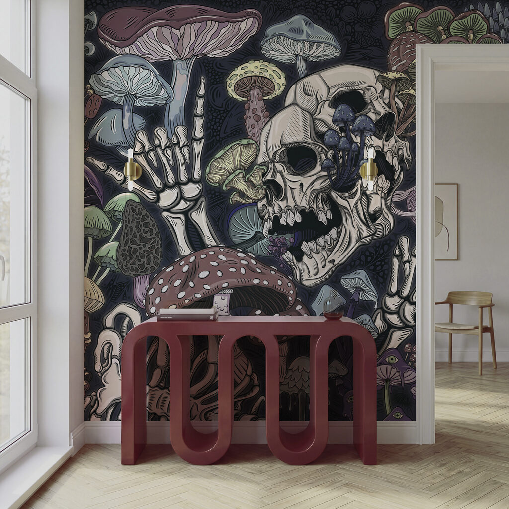 Skeleton and mushrooms with a hand