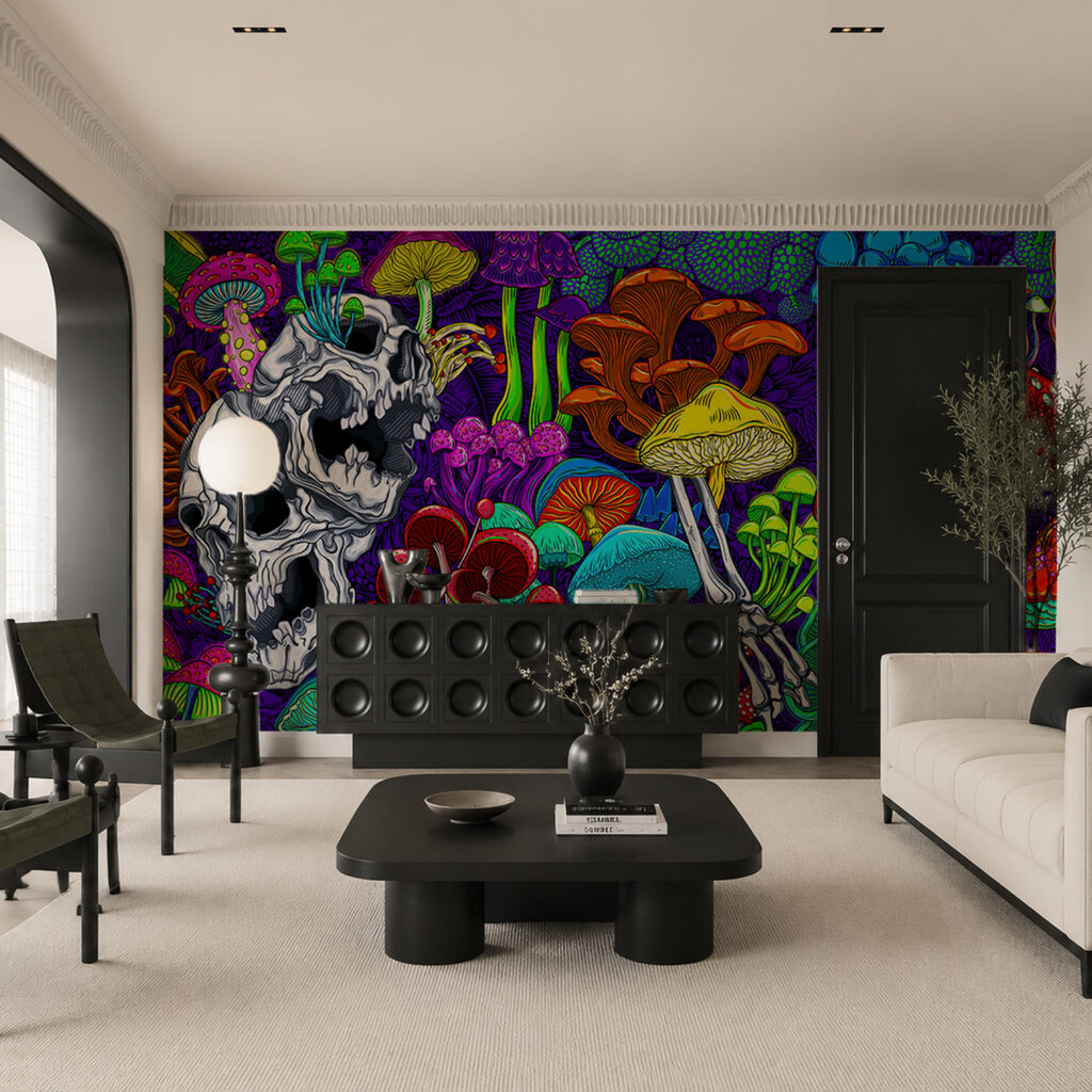 Colorful art of mushrooms and skulls Colorful art of mushrooms and skulls