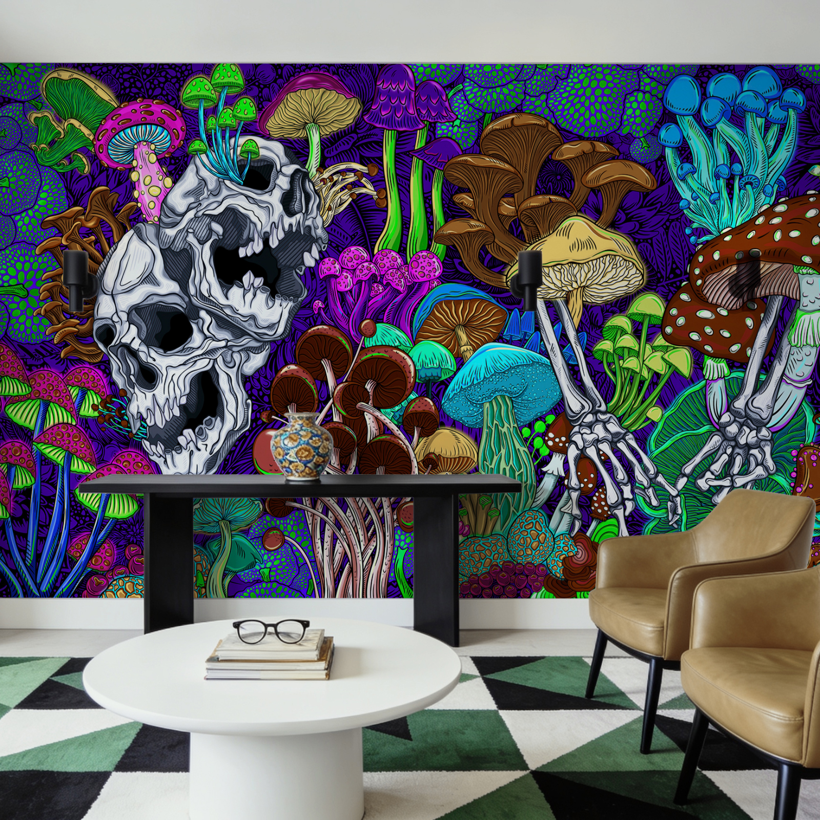 Colorful art of mushrooms and skulls Colorful art of mushrooms and skulls