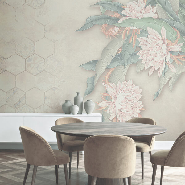 Wall mural White and pink flower with green leaves (SKU: t00850) Wall mural Wall mural White and pink flower with green leaves (SKU: t00850)