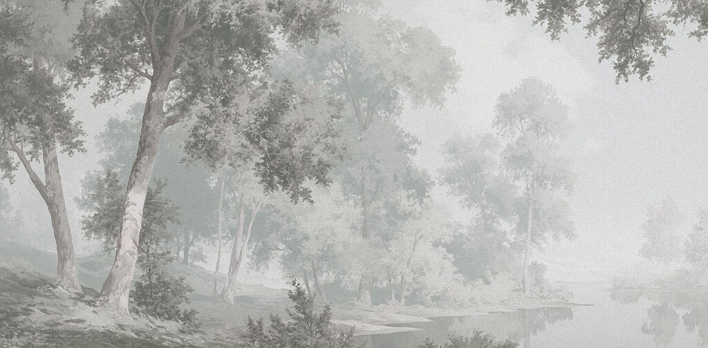 Grey and white landscape with trees and a river Grey and white landscape with trees and a river