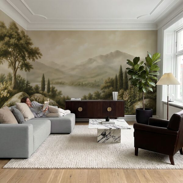 Painting of a lake and mountains Painting of a lake and mountains