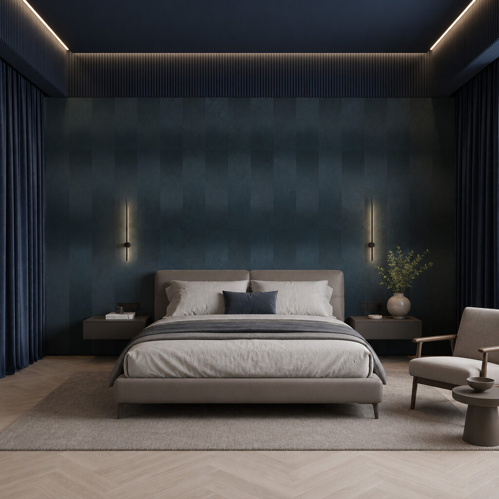Blue and grey striped wall Blue and grey striped wall