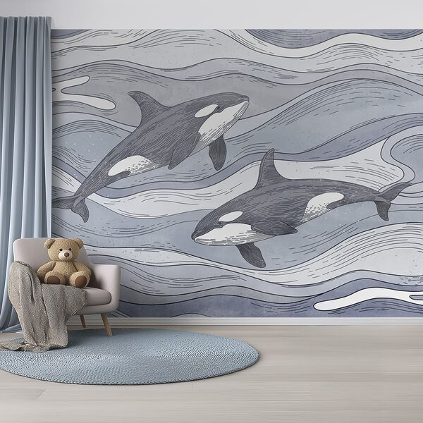Group of whales swimming in the water Wall mural Group of whales swimming in the water