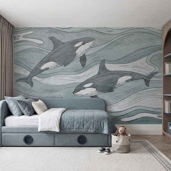 Group of whales swimming in the water Wall mural Group of whales swimming in the water
