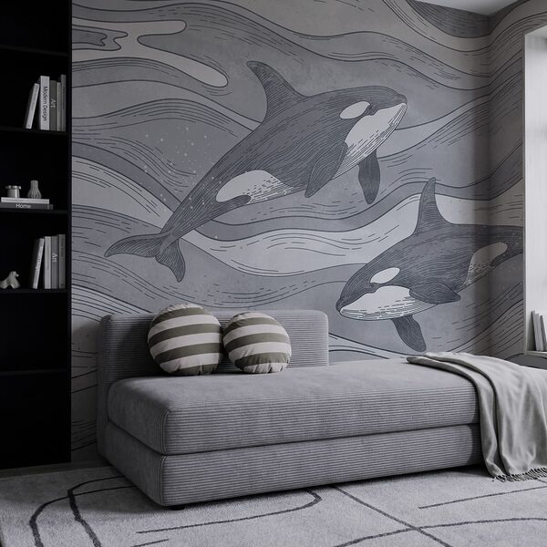 Group of whales swimming in the water Wall mural Group of whales swimming in the water