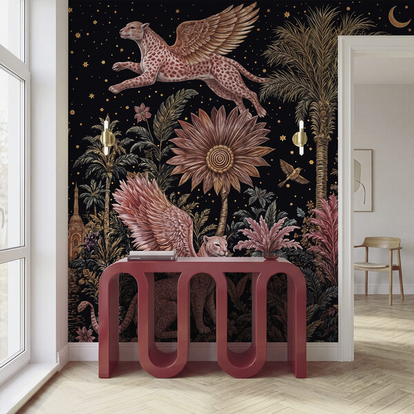 Painting of a cat and leopard with wings and flowers Painting of a cat and leopard with wings and flowers