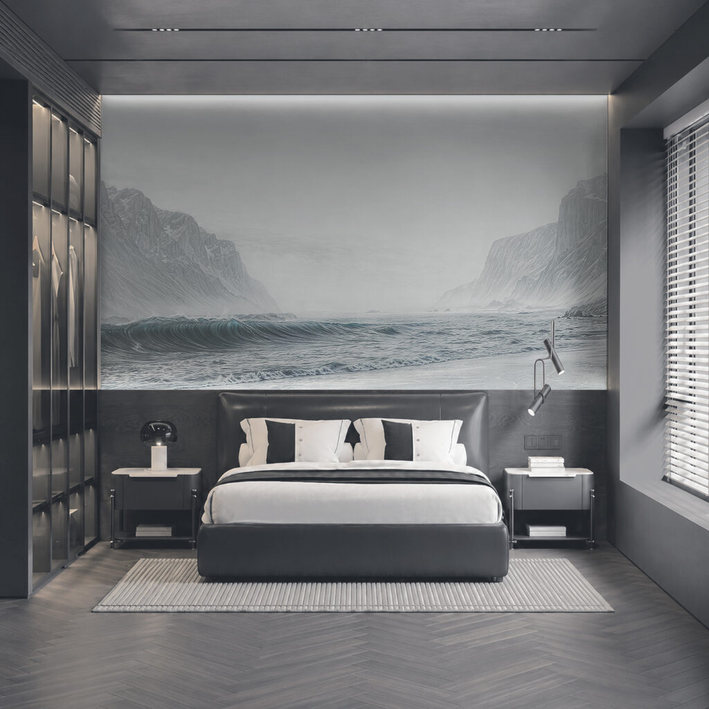 Beach with waves and mountains
