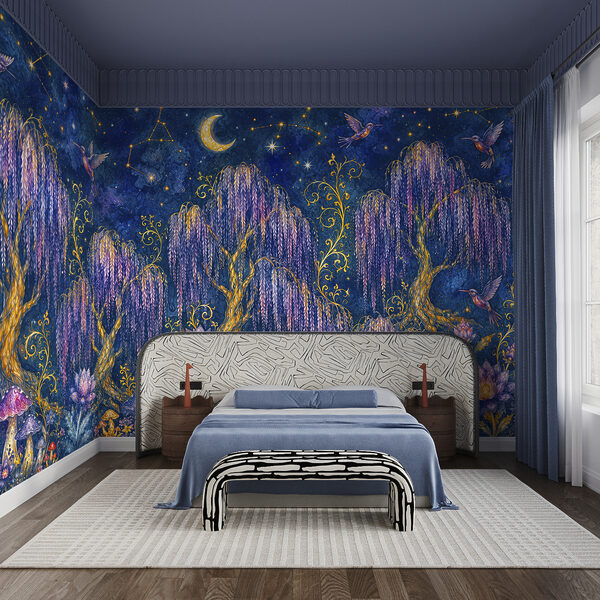 Painting of a forest with birds and flowers